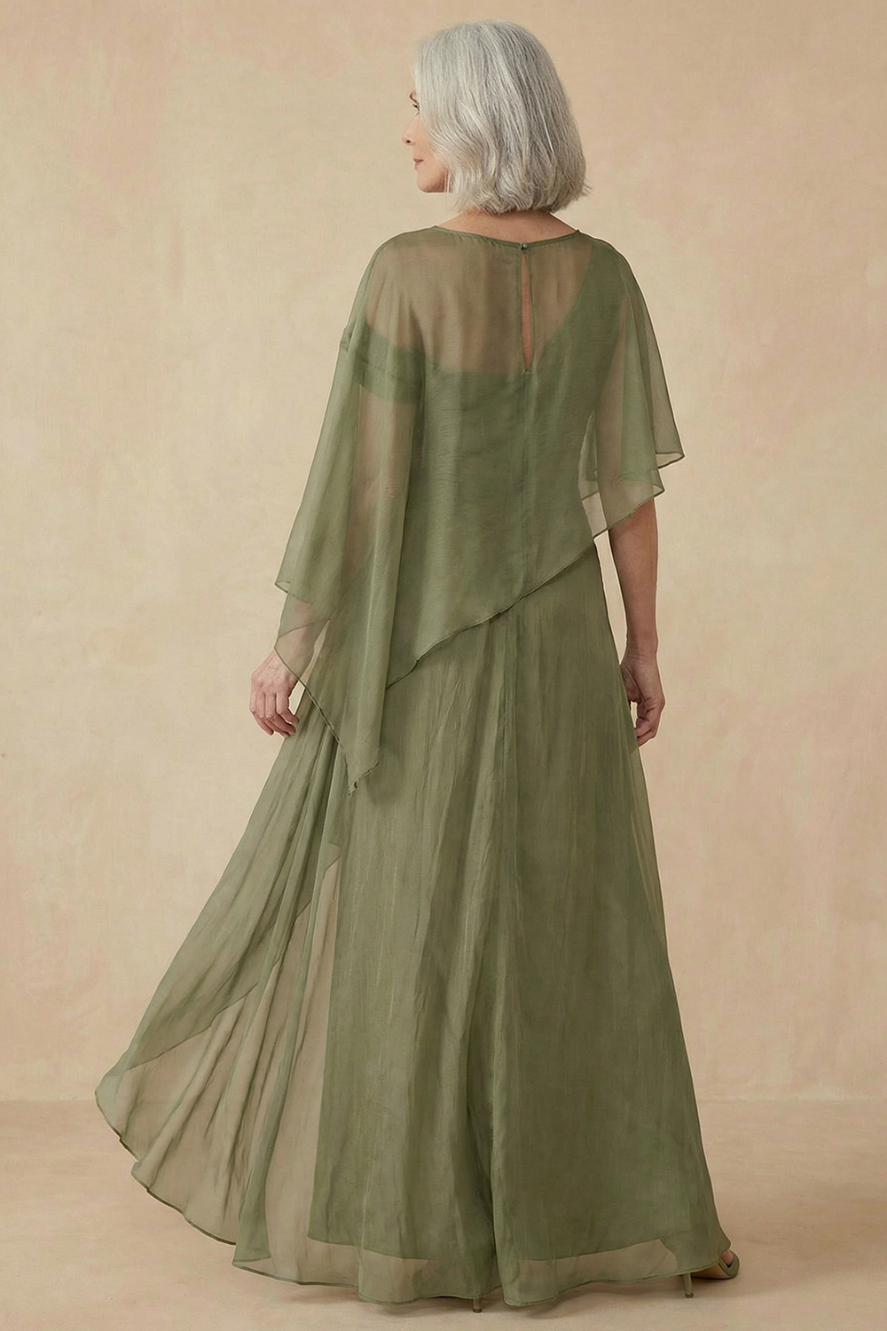 Off The Shoulder Dusty Sage Chiffon Asymmetrical Mother of the Bride Dress with Cape