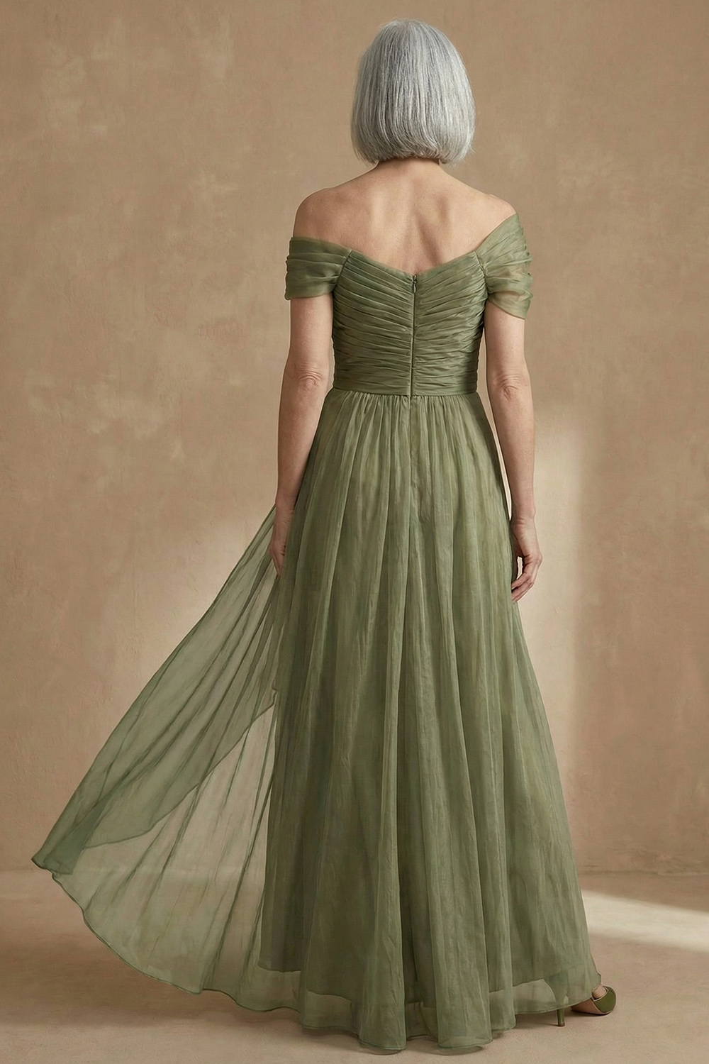 Off The Shoulder Dusty Sage Chiffon Asymmetrical Mother of the Bride Dress with Cape