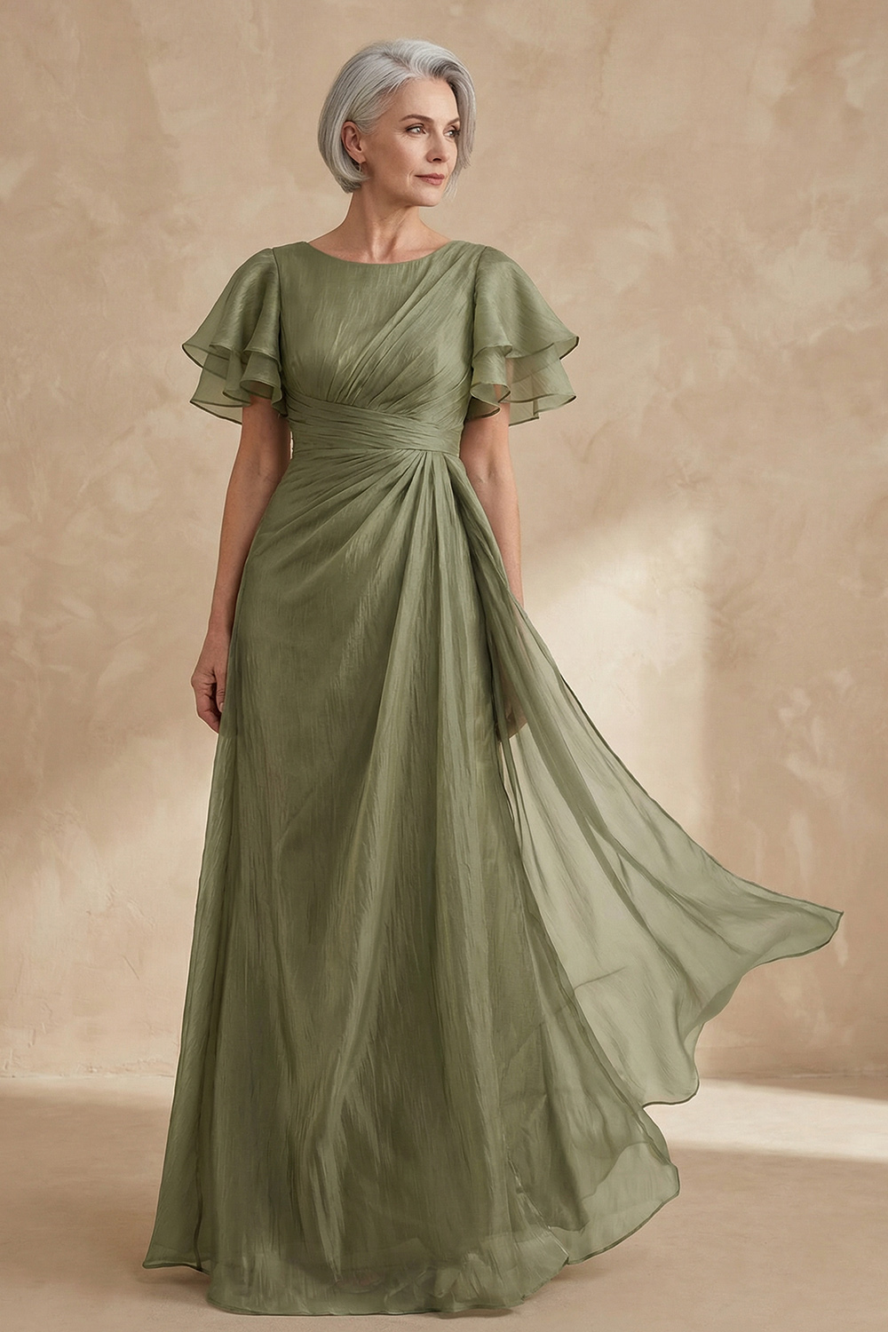 Sheath Boat Neck Dusty Sage Chiffon Ruffle Sleeves Long Mother of the Bride Dress