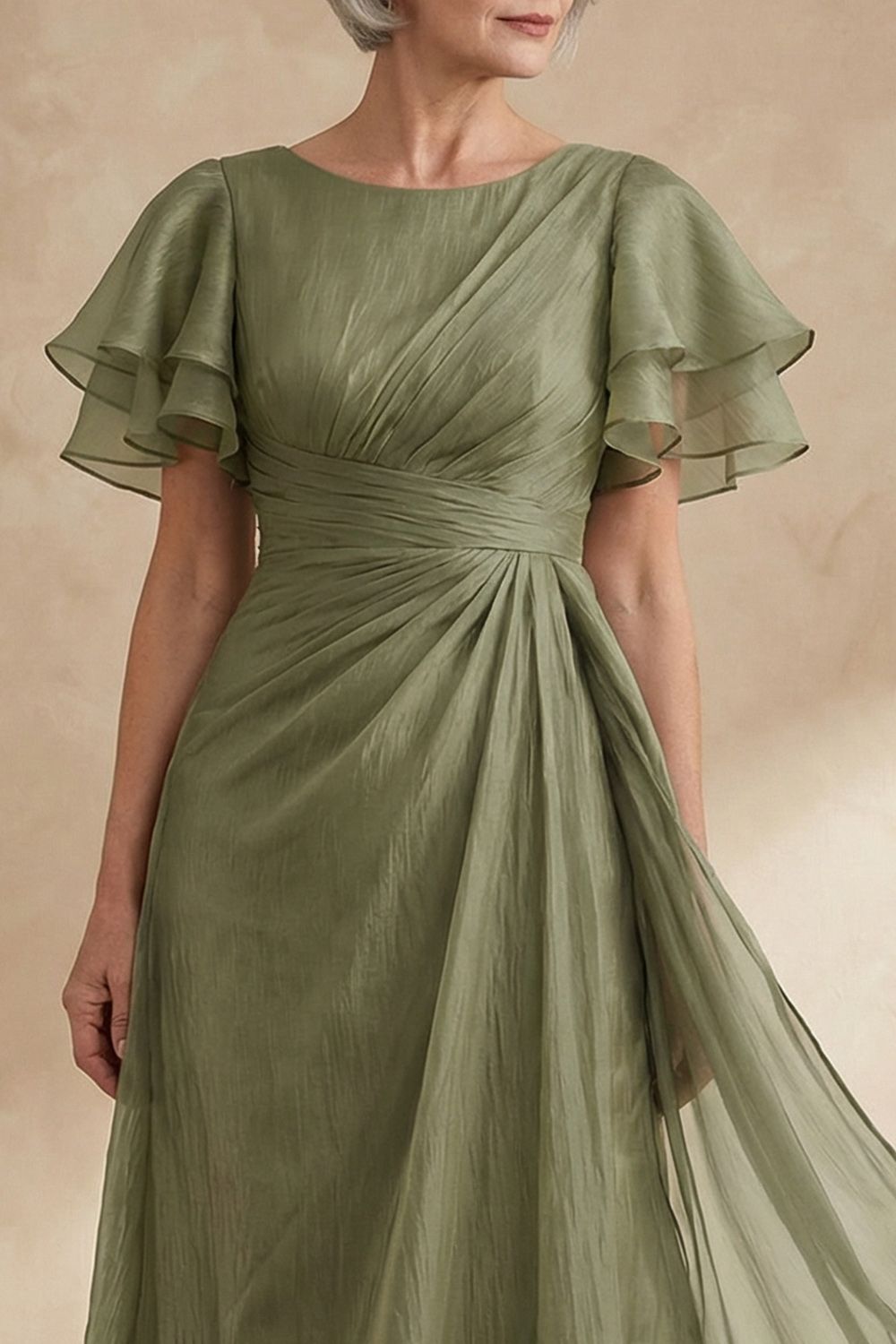Sheath Boat Neck Dusty Sage Chiffon Ruffle Sleeves Long Mother of the Bride Dress
