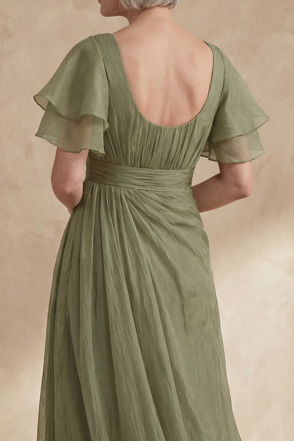 Sheath Boat Neck Dusty Sage Chiffon Ruffle Sleeves Long Mother of the Bride Dress