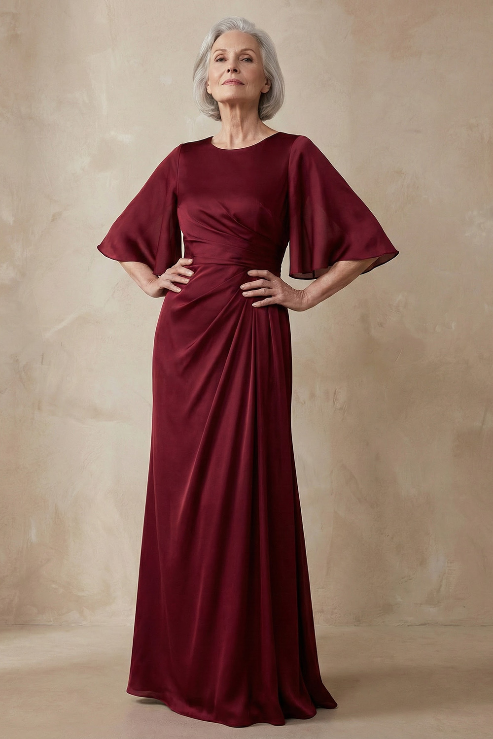 Red Satin Sheath Round Neck Flutter Sleeves Long Mother of the Bride Dress