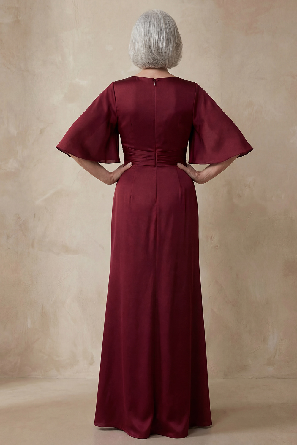Red Satin Sheath Round Neck Flutter Sleeves Long Mother of the Bride Dress