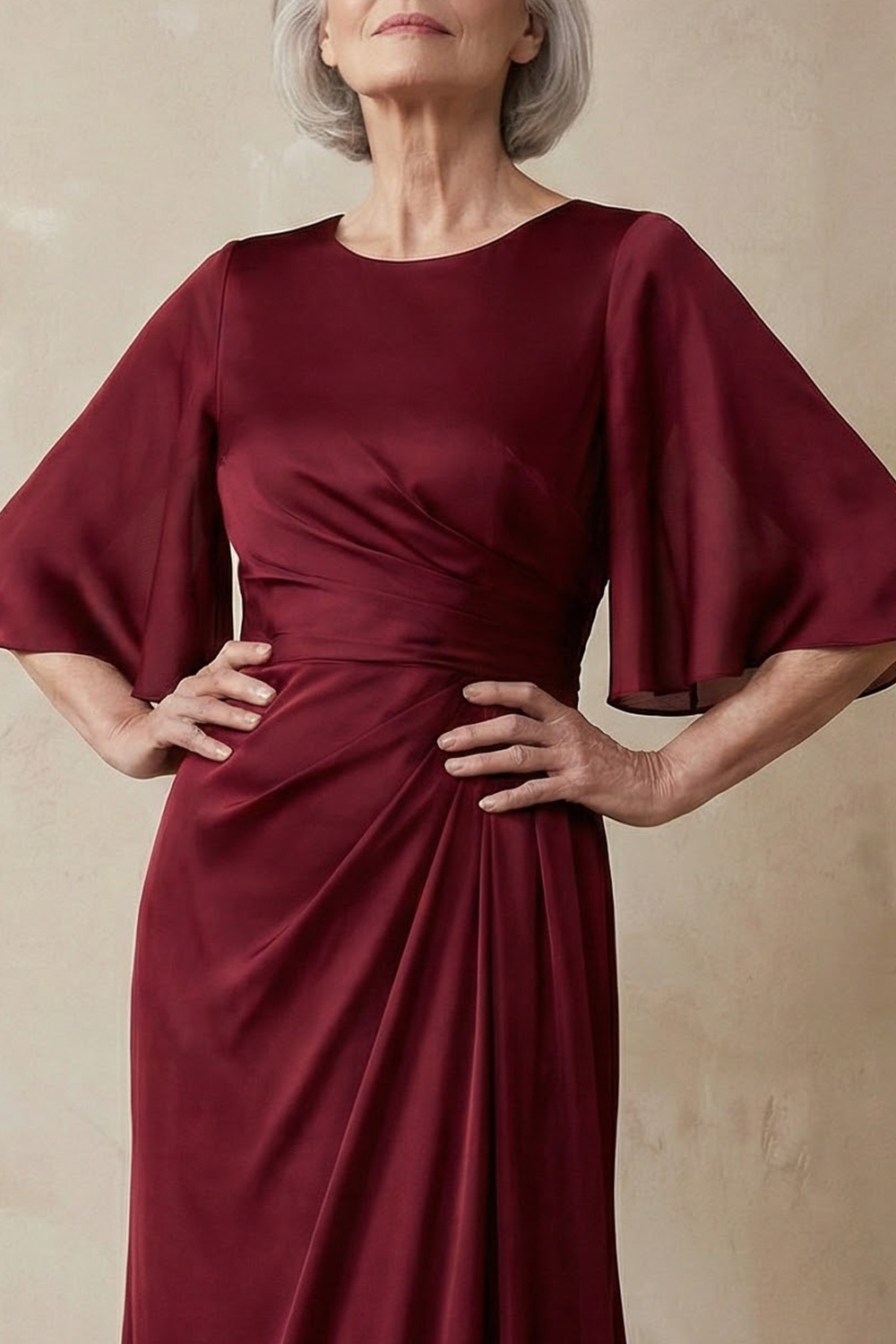 Red Satin Sheath Round Neck Flutter Sleeves Long Mother of the Bride Dress