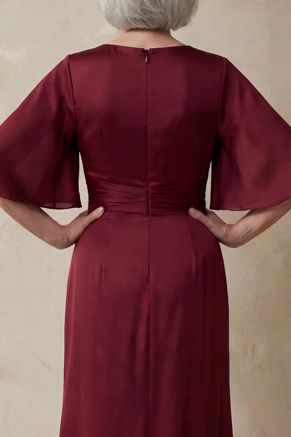 Red Satin Sheath Round Neck Flutter Sleeves Long Mother of the Bride Dress