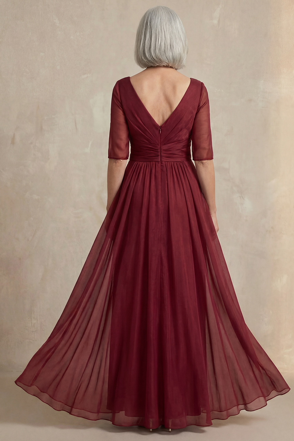 Red Chiffon Sheath V-Neck Half Sleeves Long Mother of the Bride Dress