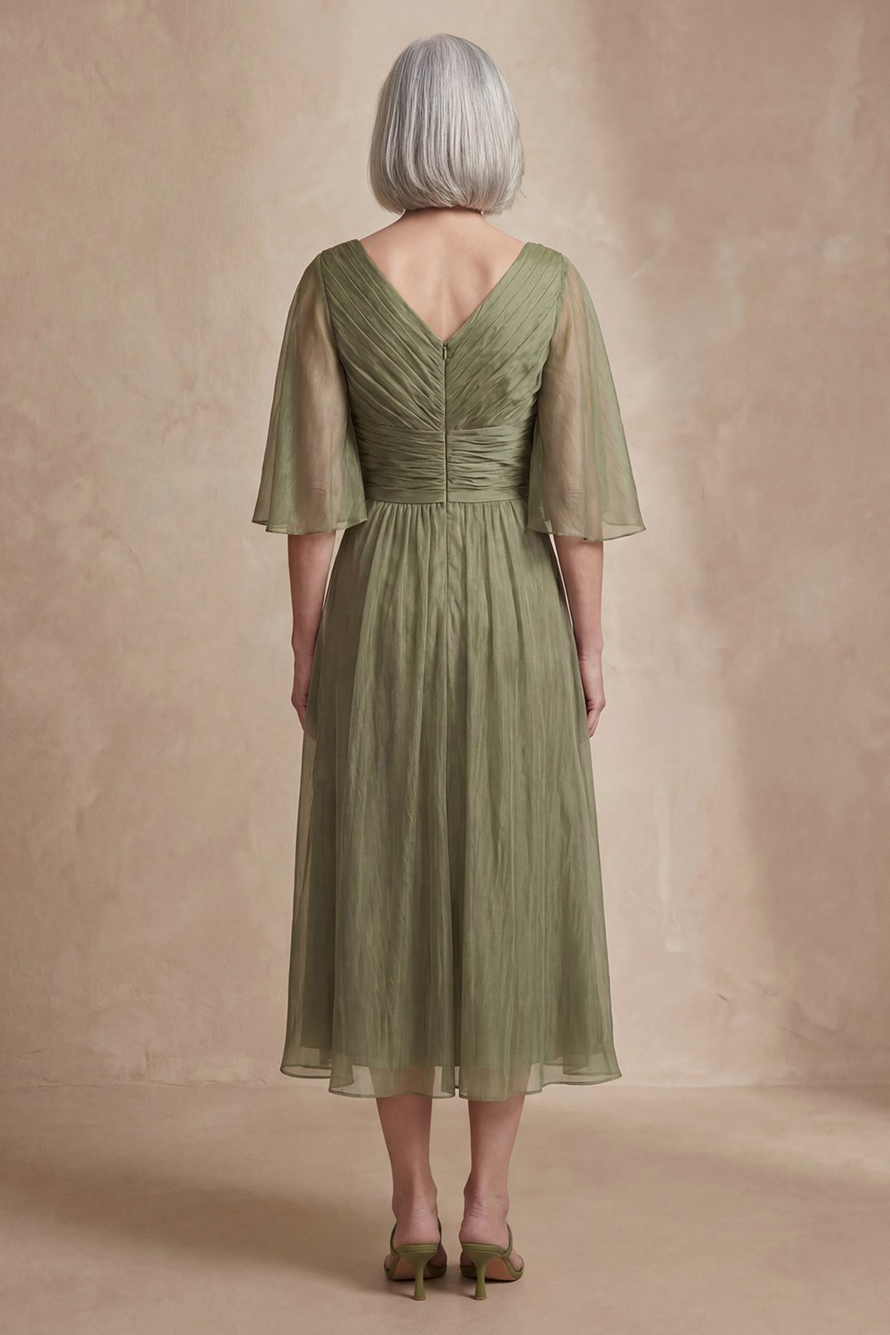 Dusty Sage Chiffon Sheath Flutter Sleeves Tea-Length Mother of the Bride Dress