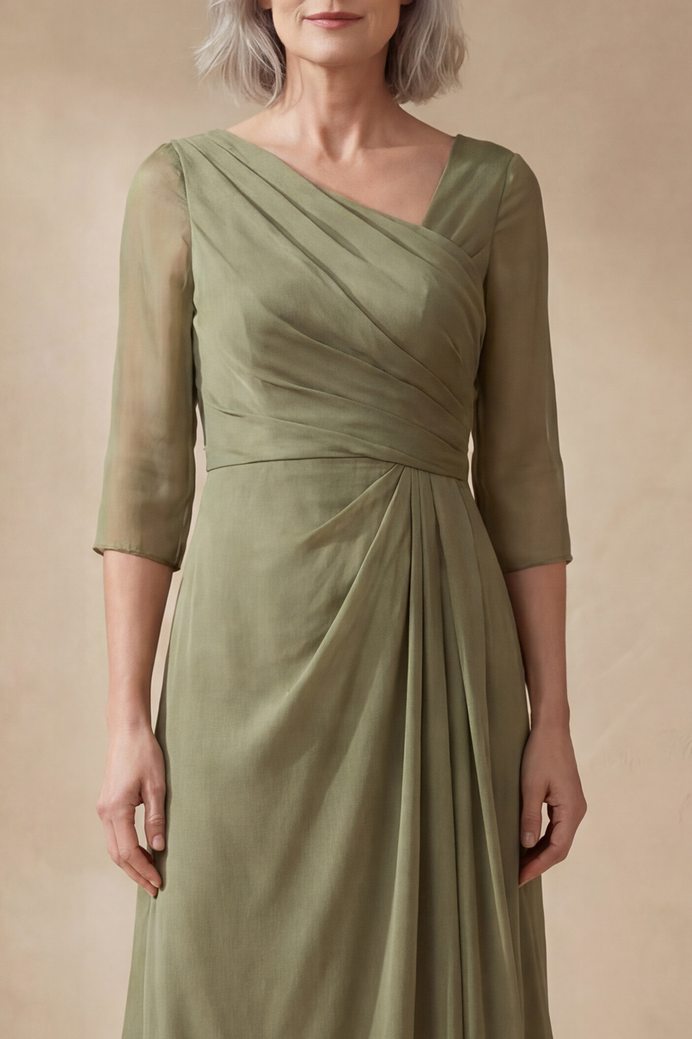 Sheath V-Neck Dusty Sage Chiffon 3/4 Sleeves Tea-Length Mother of the Bride Dress