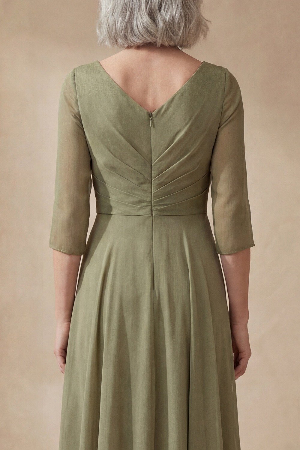 Sheath V-Neck Dusty Sage Chiffon 3/4 Sleeves Tea-Length Mother of the Bride Dress