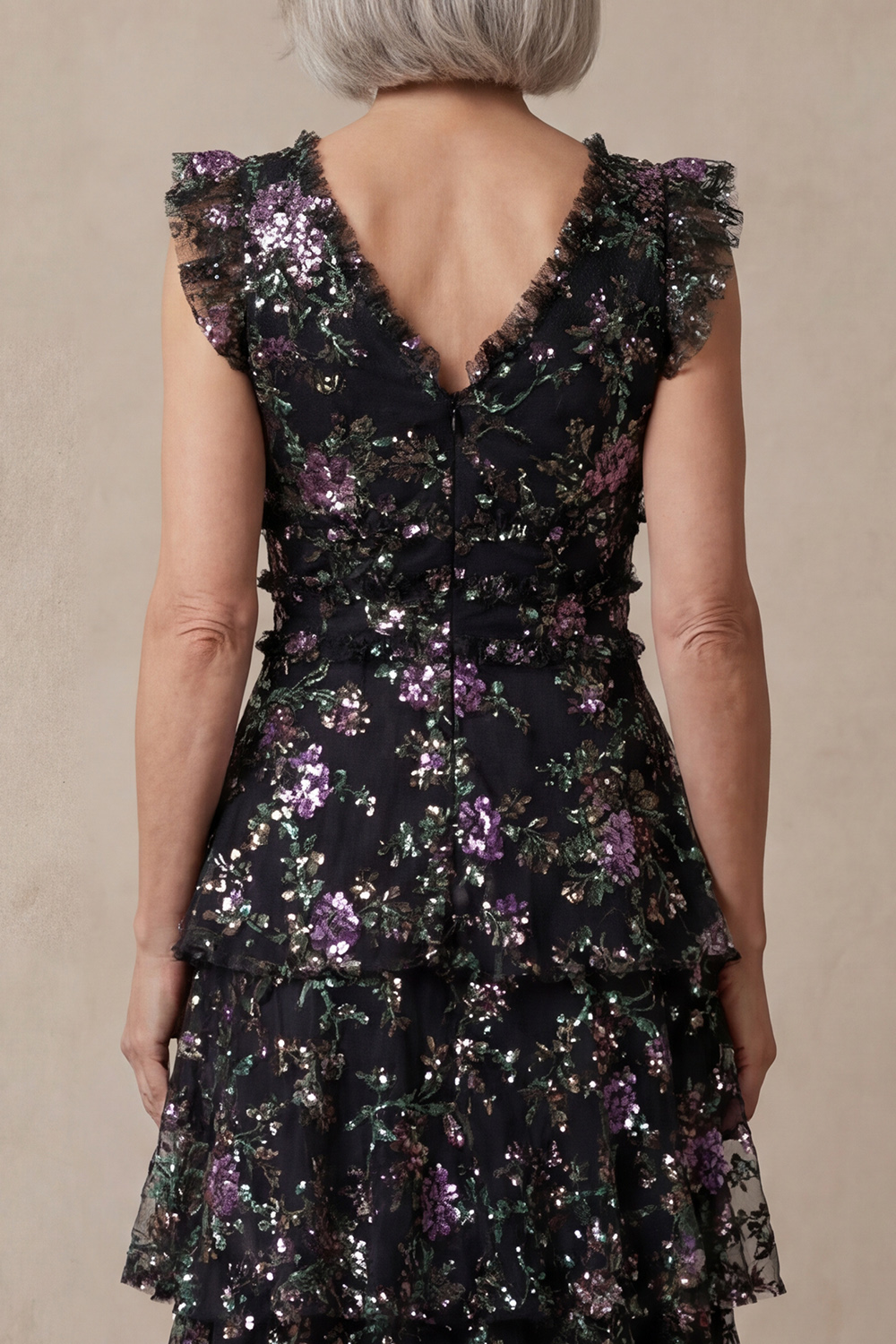 Sparkly Black Floral Sequin V Neck Tiered Ruffled Long Mother of the Bride Dress