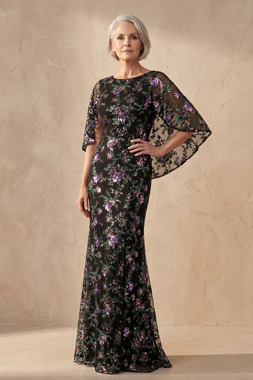 Mermaid Boat Neck Sparkly Sequin Black Floral Long Mother of the Bride Dress with Cape