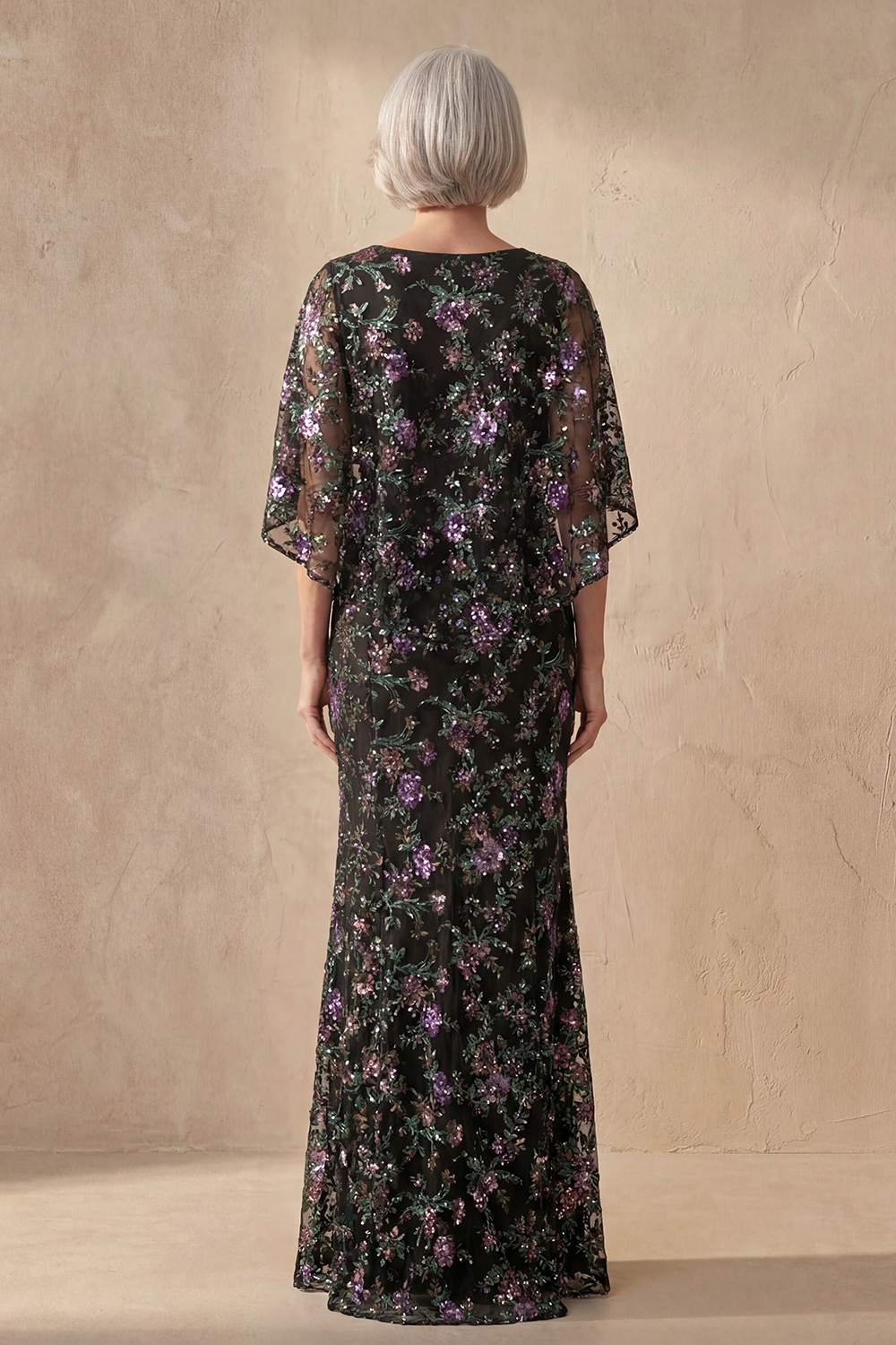 Mermaid Boat Neck Sparkly Sequin Black Floral Long Mother of the Bride Dress with Cape