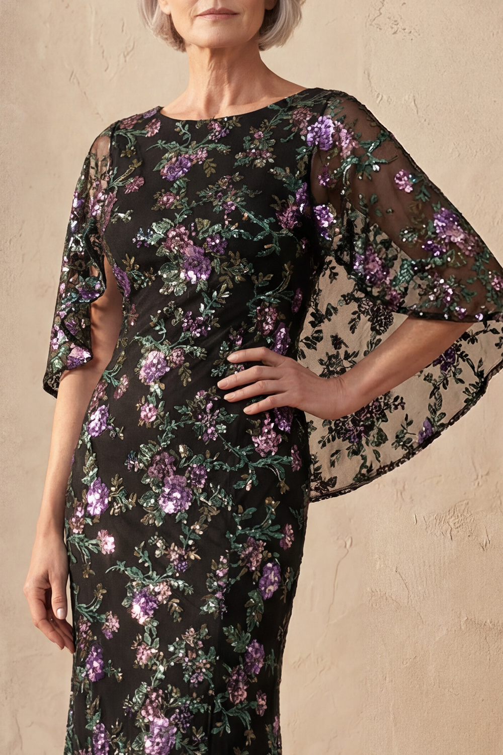 Mermaid Boat Neck Sparkly Sequin Black Floral Long Mother of the Bride Dress with Cape