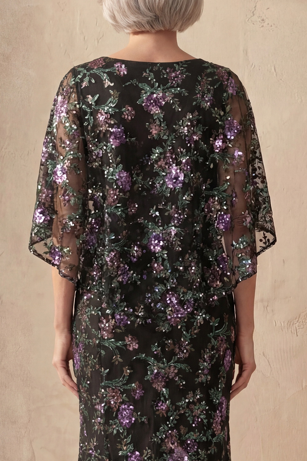 Mermaid Boat Neck Sparkly Sequin Black Floral Long Mother of the Bride Dress with Cape