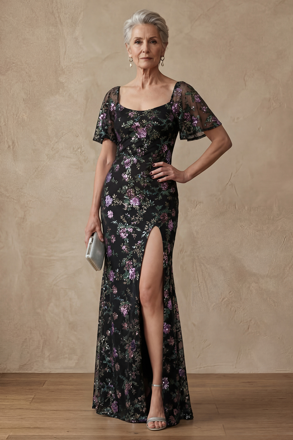 Mermaid Scoop Neck Sparkly Black Floral Sequin Long Mother of the Bride Dress with Slit