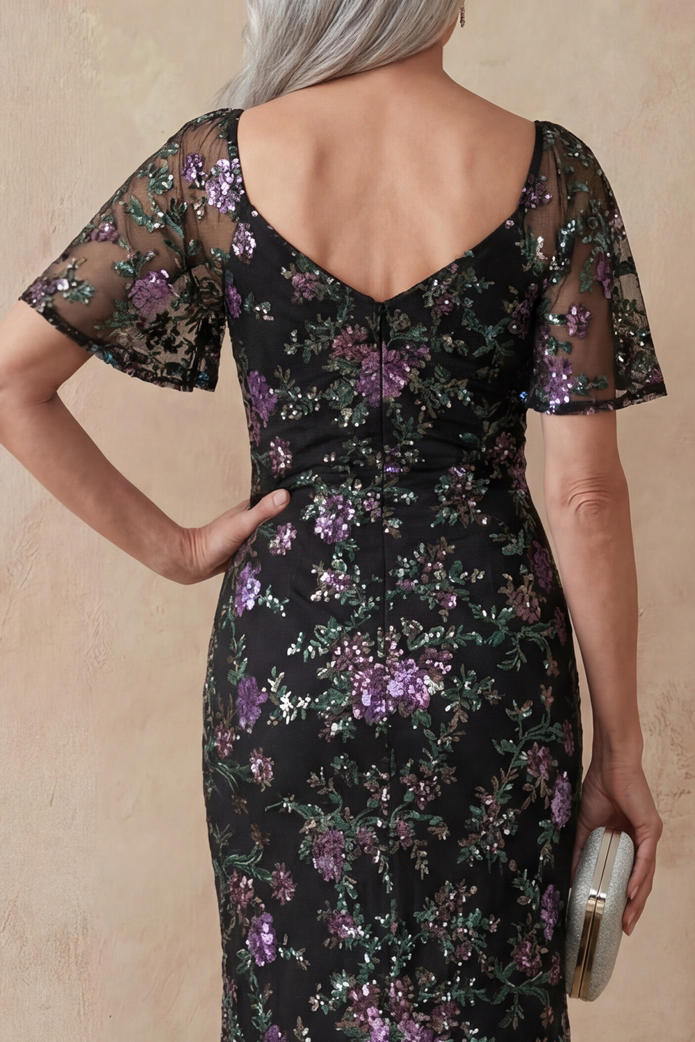 Mermaid Scoop Neck Sparkly Black Floral Sequin Long Mother of the Bride Dress with Slit