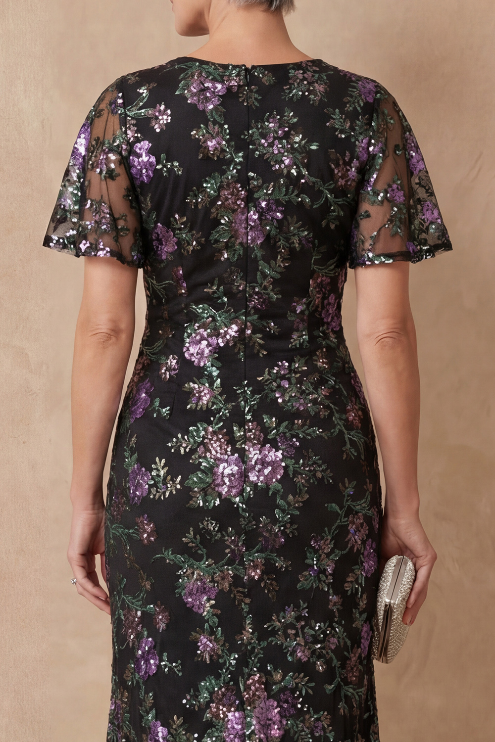 Sparkly Mermaid V-Neck Black Floral Long Mother of the Bride Dress with Slit