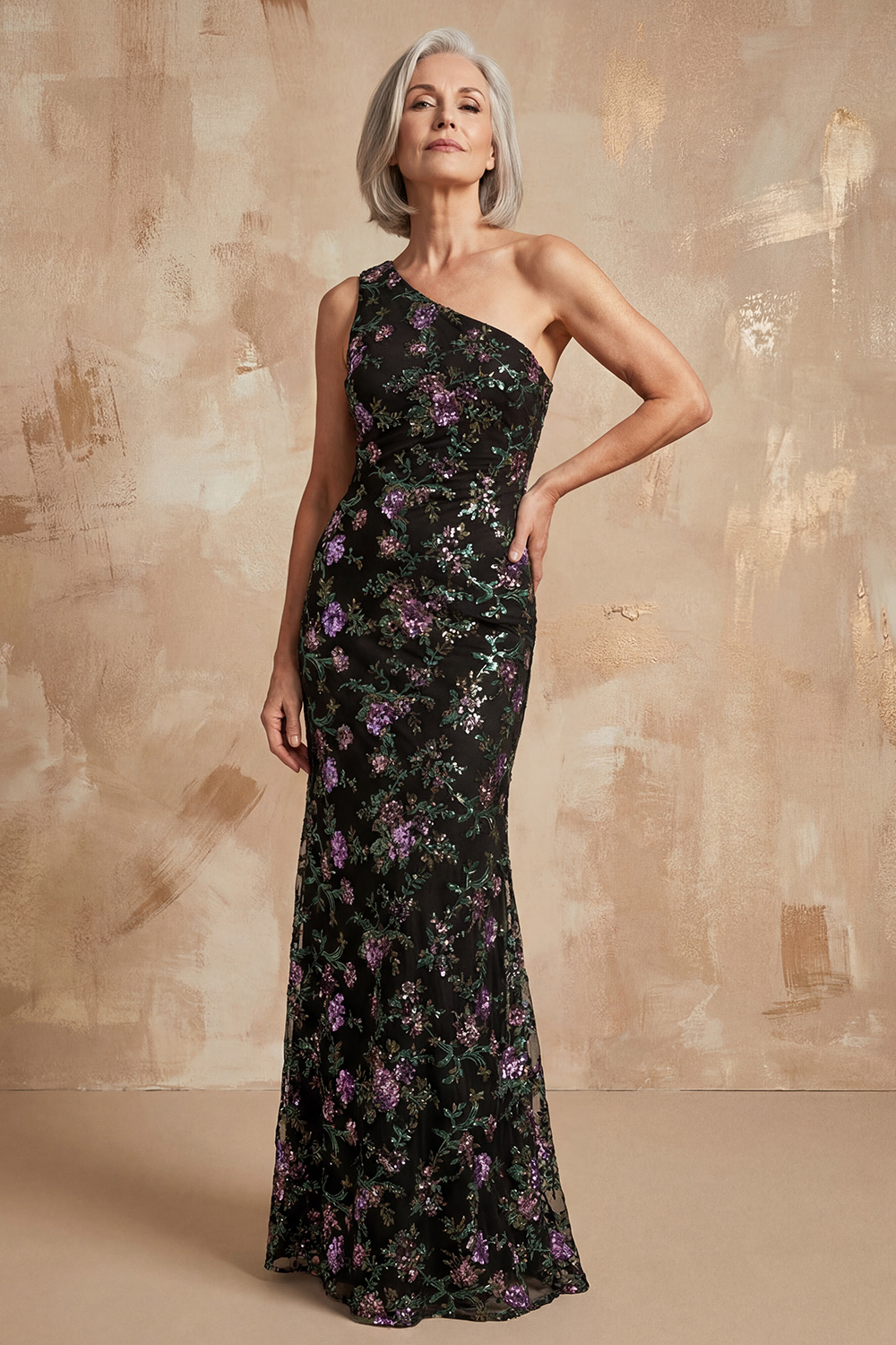 One Shoulder Mermaid Sparkly Sequin Black Floral Long Mother of the Bride Dress