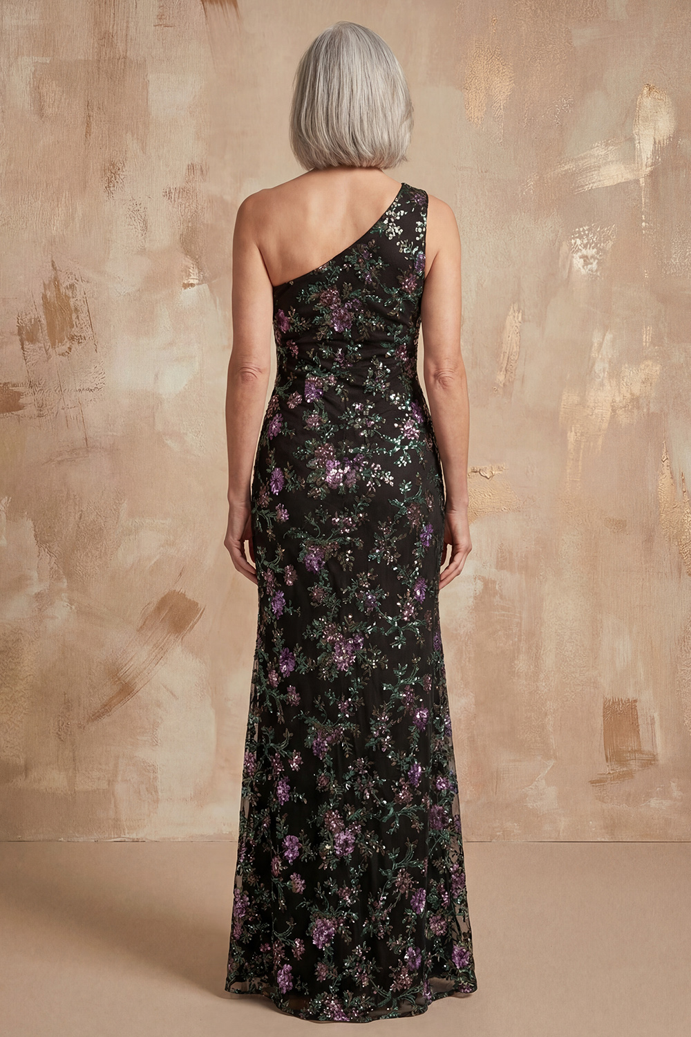 One Shoulder Mermaid Sparkly Sequin Black Floral Long Mother of the Bride Dress