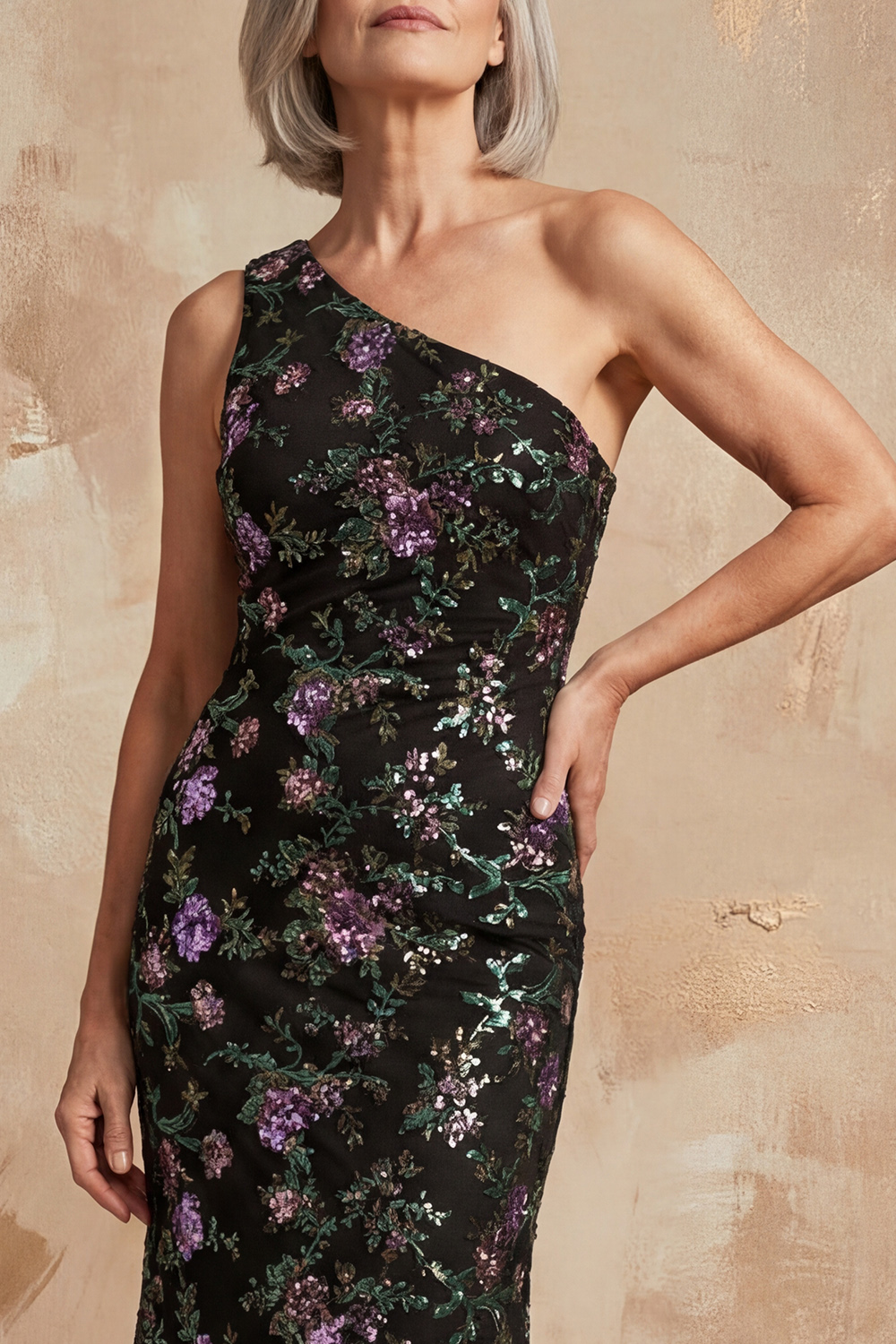 One Shoulder Mermaid Sparkly Sequin Black Floral Long Mother of the Bride Dress