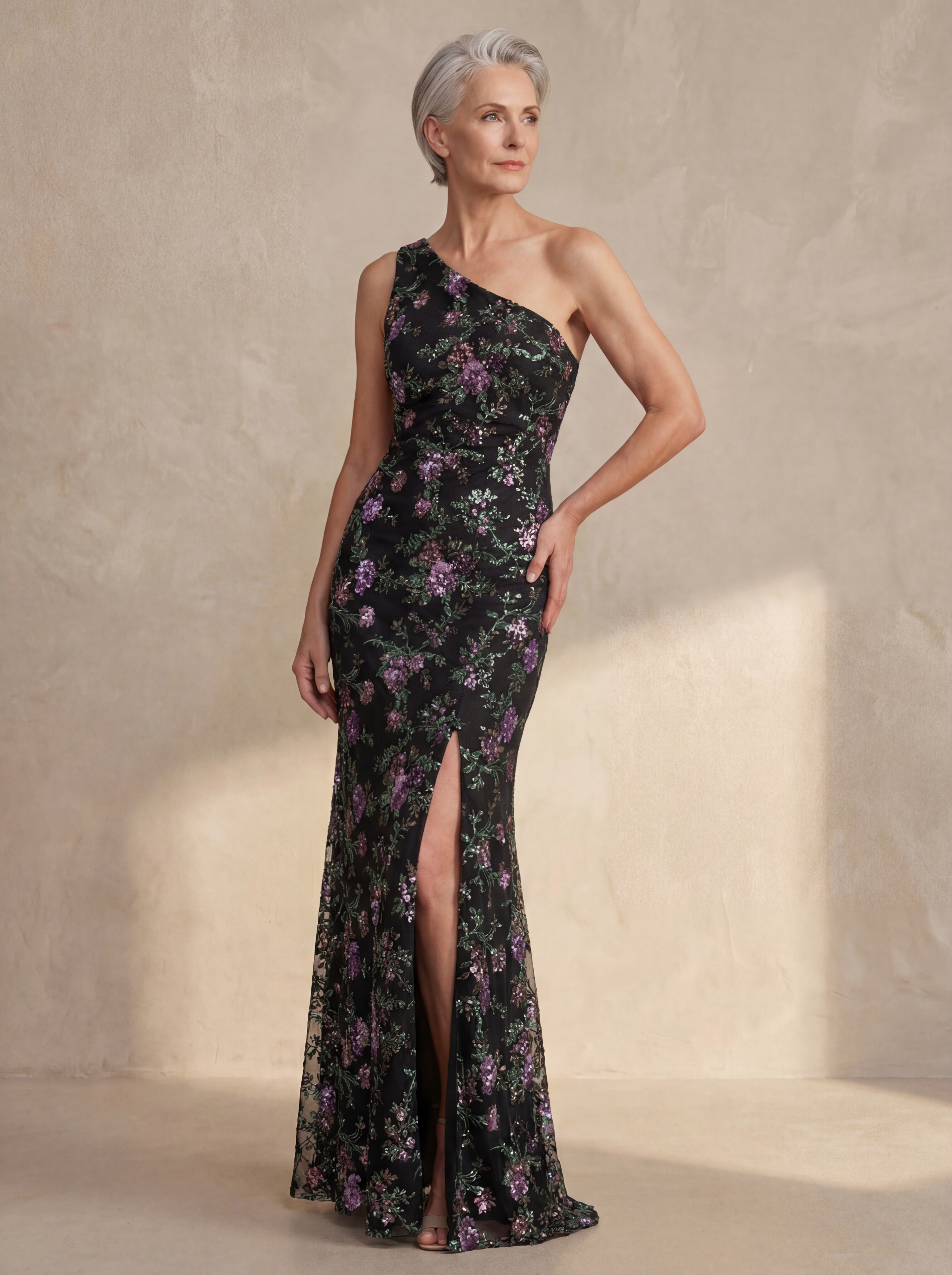 One Shoulder Mermaid Sparkly Sequin Black Floral Long Mother of the Bride Dress with Slit