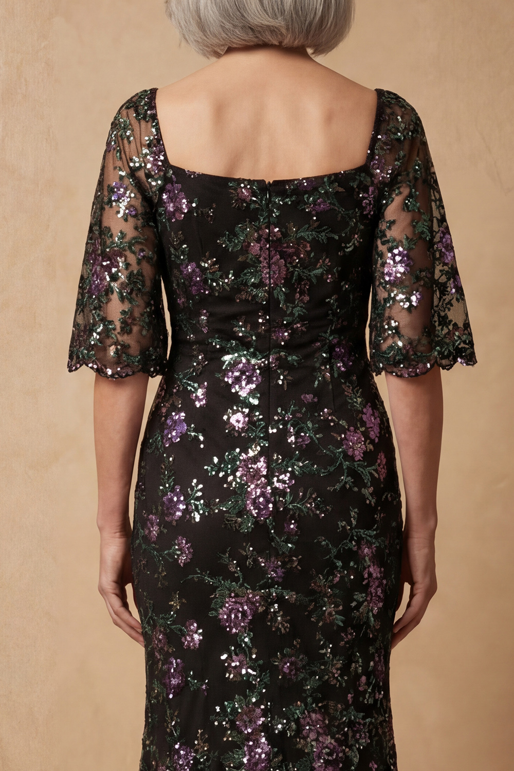 Mermaid Scoop Neck Sparkly Black Floral Sequin Long Mother of the Bride Dress with Sleeves