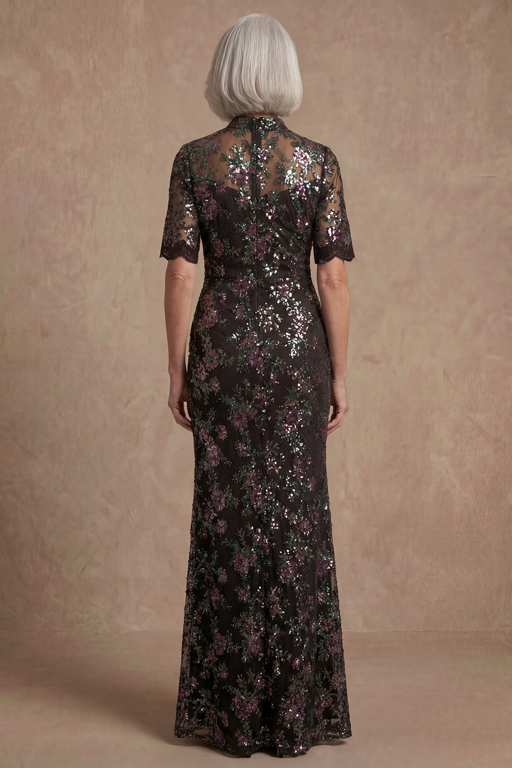 High Neck Mermaid Sparkly Black Floral Sequin Long Mother of the Bride Dress with Sleeves