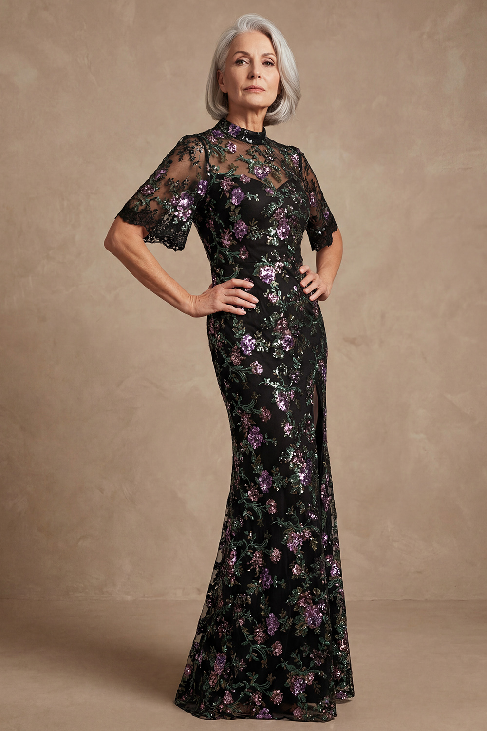 High Neck Mermaid Sparkly Black Floral Sequin Long Mother of the Bride Dress with Sleeves