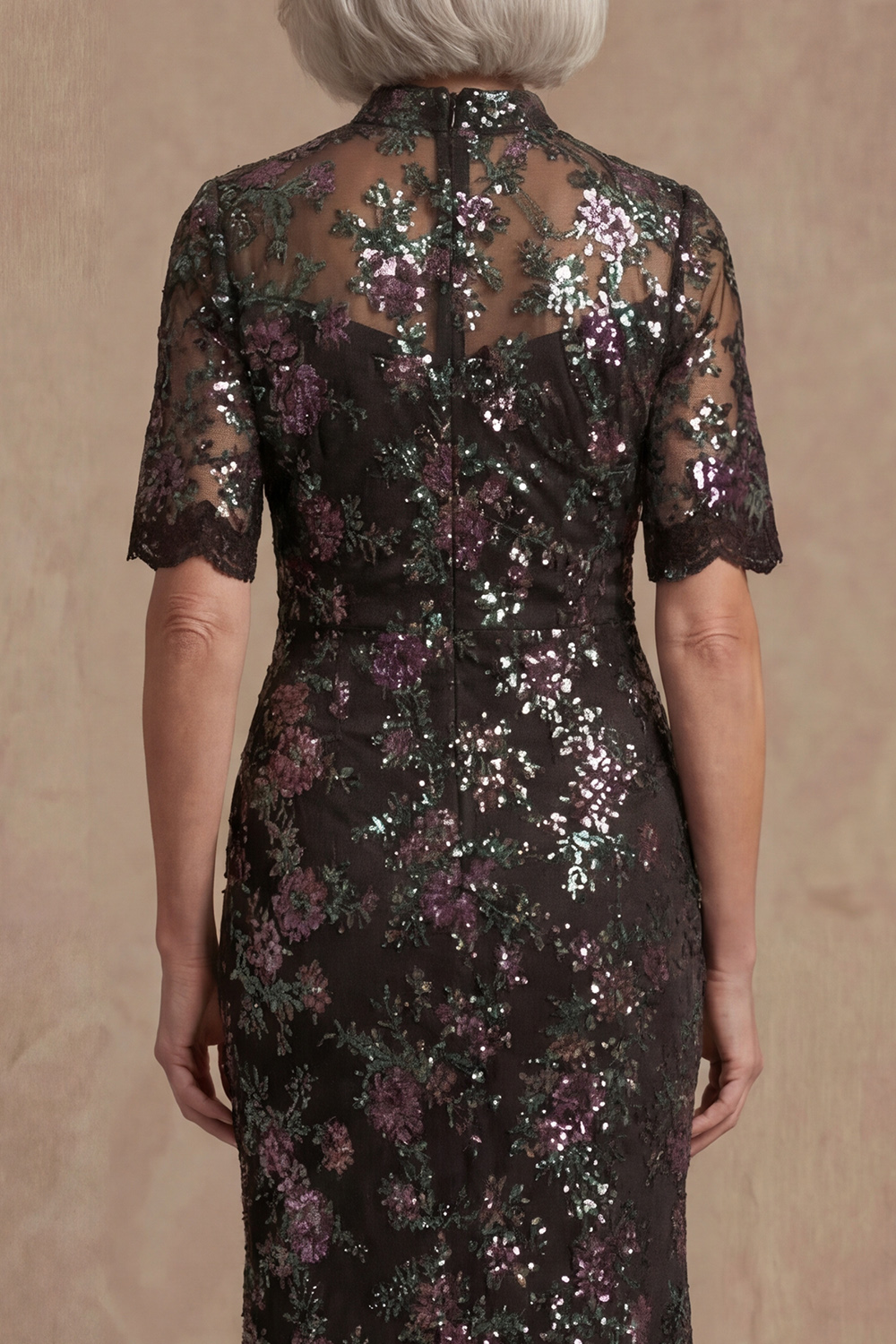 High Neck Mermaid Sparkly Black Floral Sequin Long Mother of the Bride Dress with Sleeves