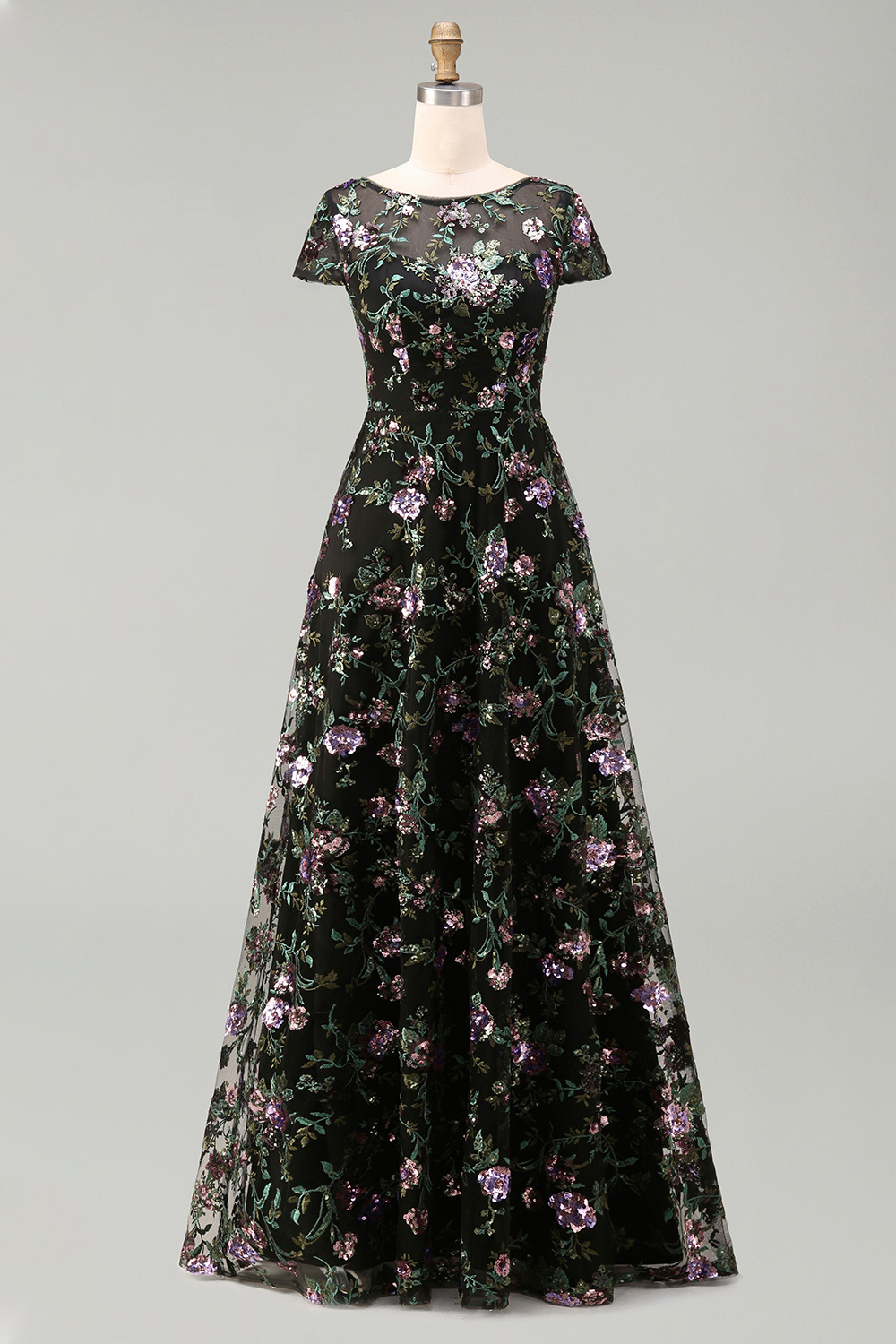 Boat Neck A Line Sparkly Sequin Black Floral Long Mother of the Bride Dress with Sleeves