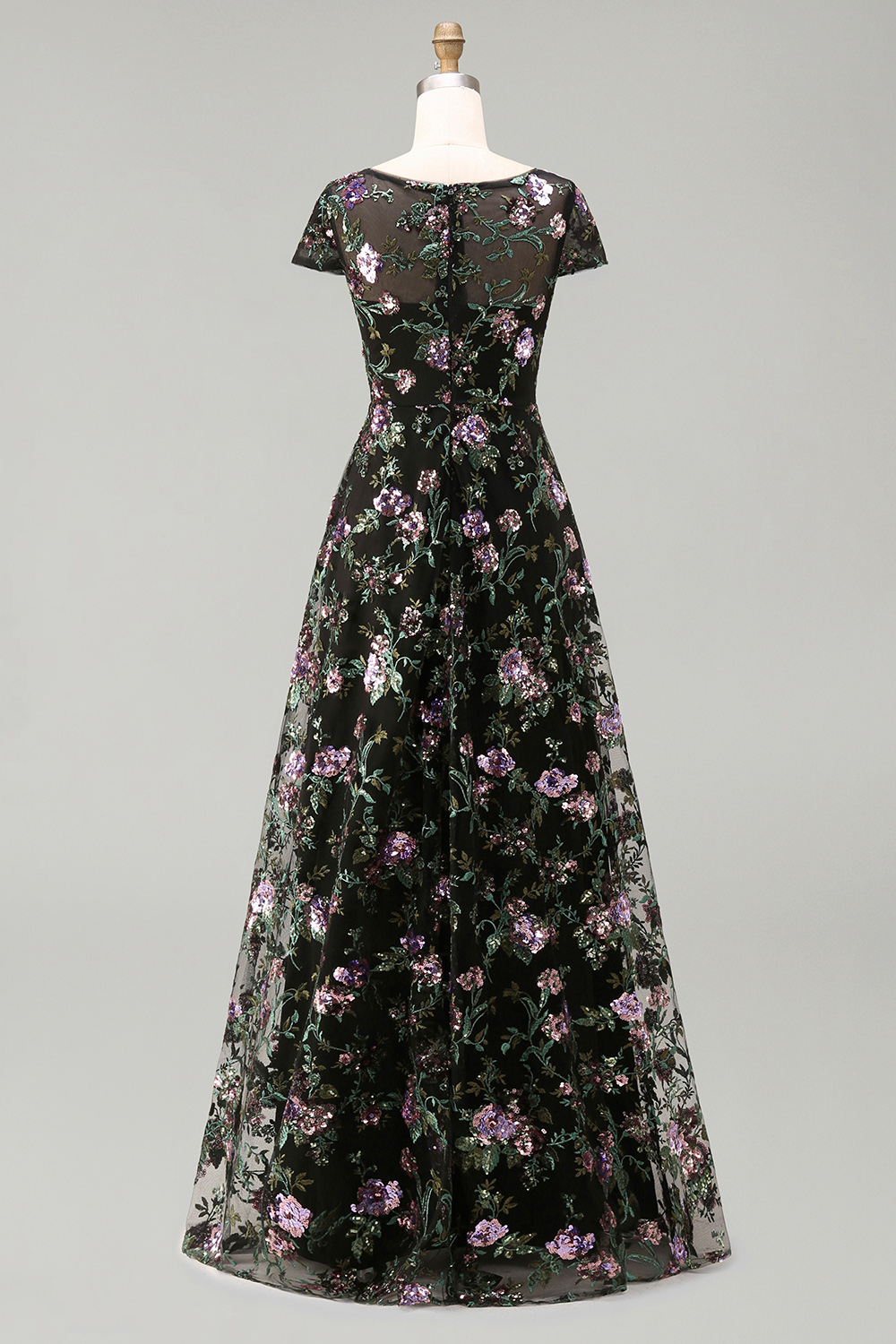 Boat Neck A Line Sparkly Sequin Black Floral Long Mother of the Bride Dress with Sleeves