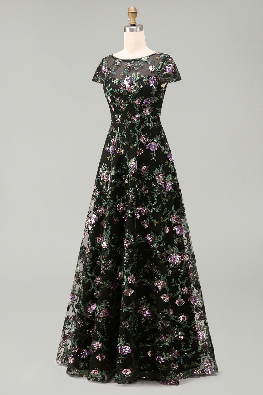 Boat Neck A Line Sparkly Sequin Black Floral Long Mother of the Bride Dress with Sleeves