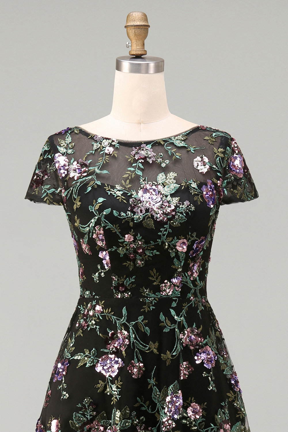 Boat Neck A Line Sparkly Sequin Black Floral Long Mother of the Bride Dress with Sleeves