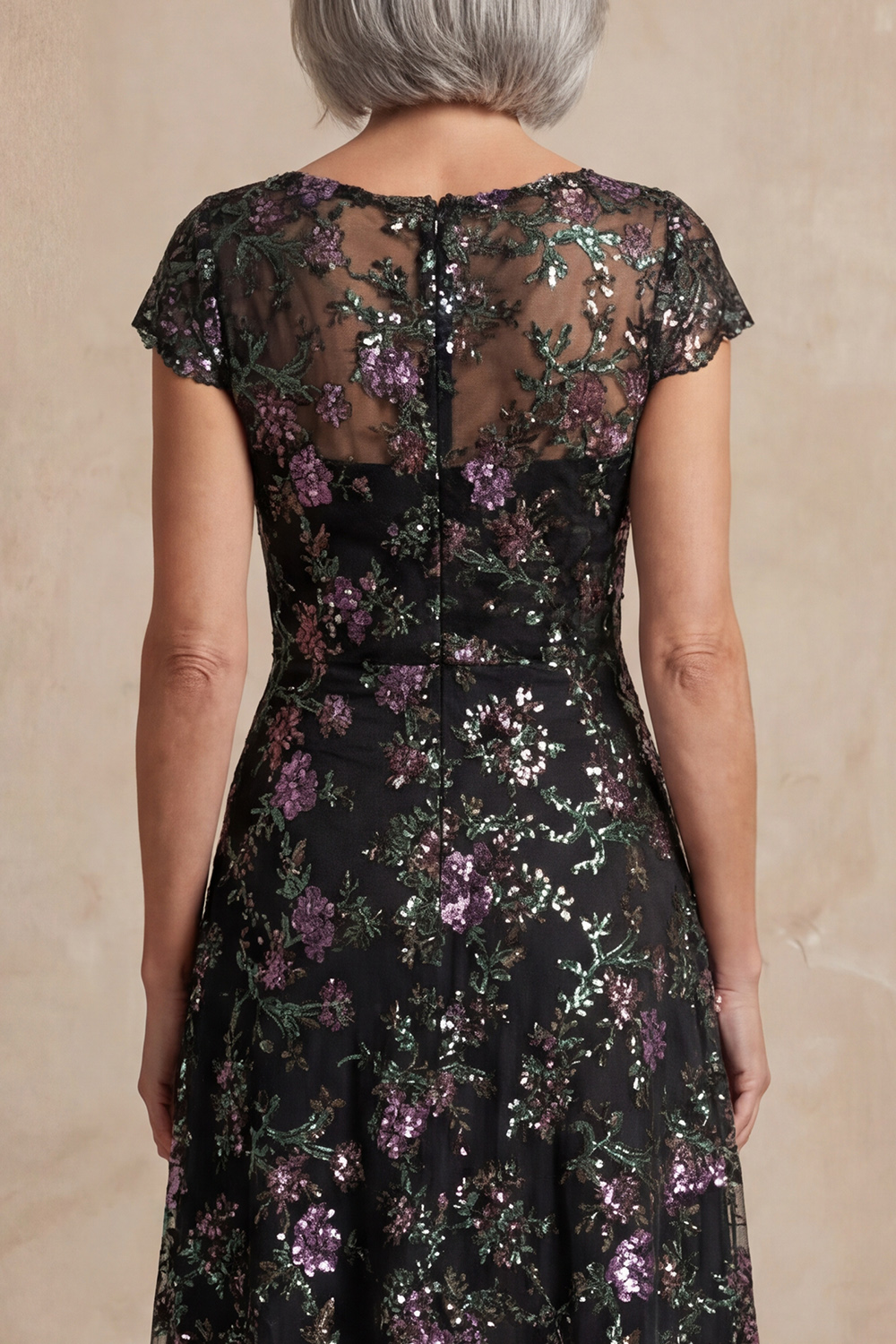 Boat Neck A Line Sparkly Sequin Black Floral Long Mother of the Bride Dress with Sleeves