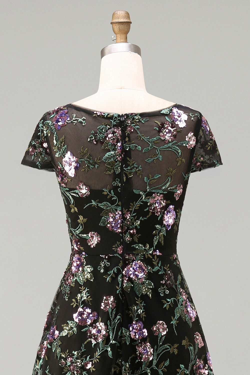 Boat Neck A Line Sparkly Sequin Black Floral Long Mother of the Bride Dress with Sleeves