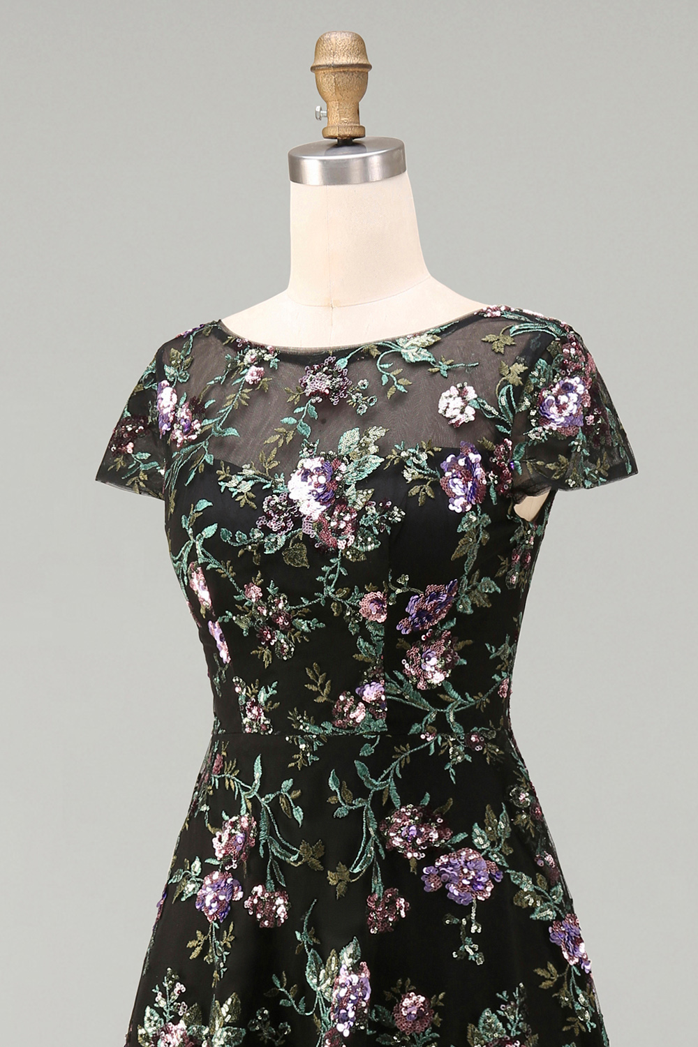 Boat Neck A Line Sparkly Sequin Black Floral Long Mother of the Bride Dress with Sleeves