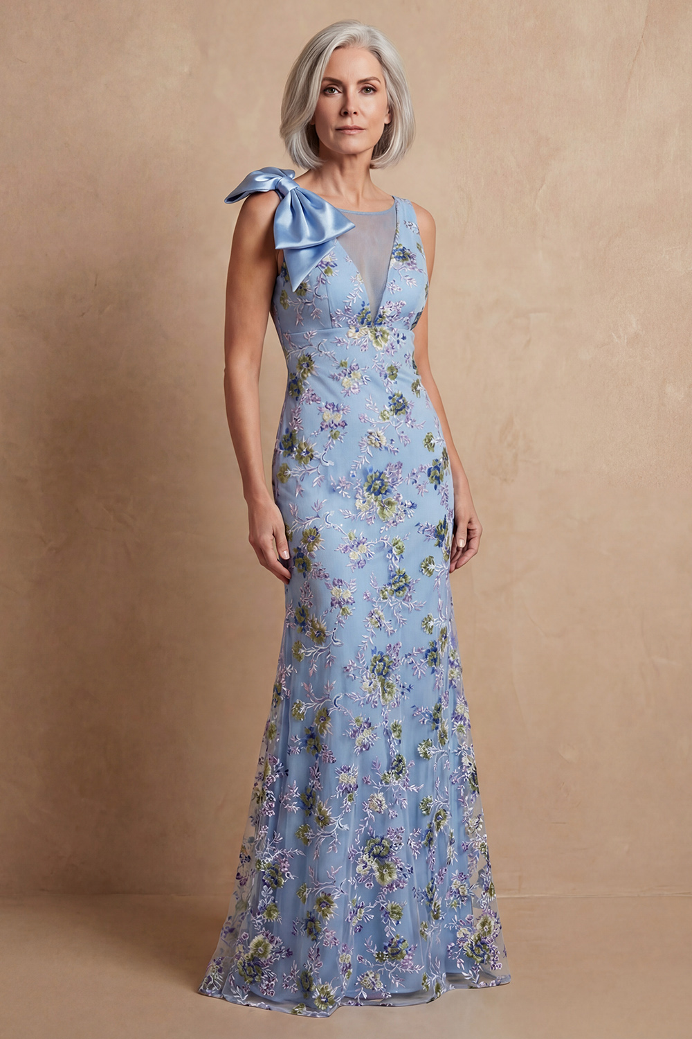 Mermaid Boat Neck Blue Floral Long Mother of the Bride Dress with Bow