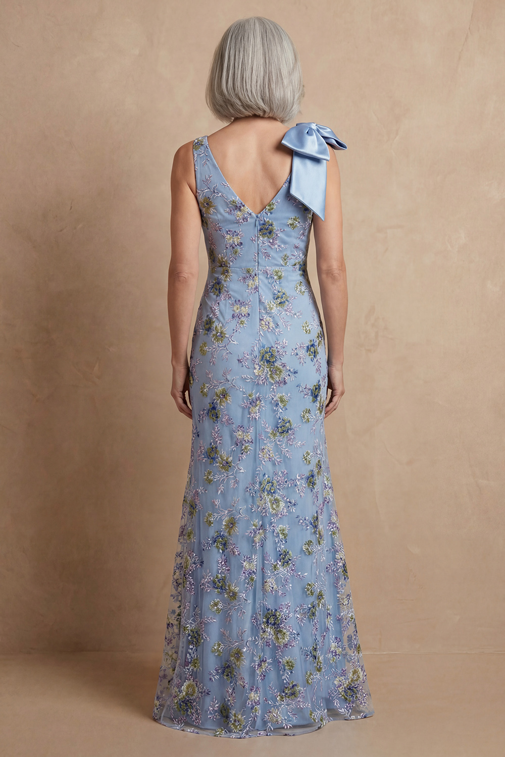 Mermaid Boat Neck Blue Floral Long Mother of the Bride Dress with Bow