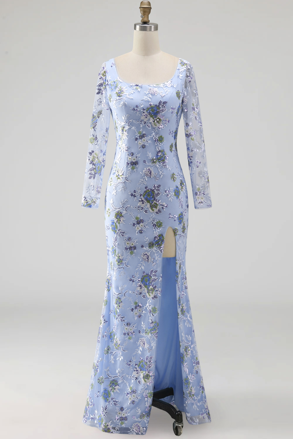 Mermaid Scoop Neck Blue Floral Long Sleeves Mother of the Bride Dress with Slit