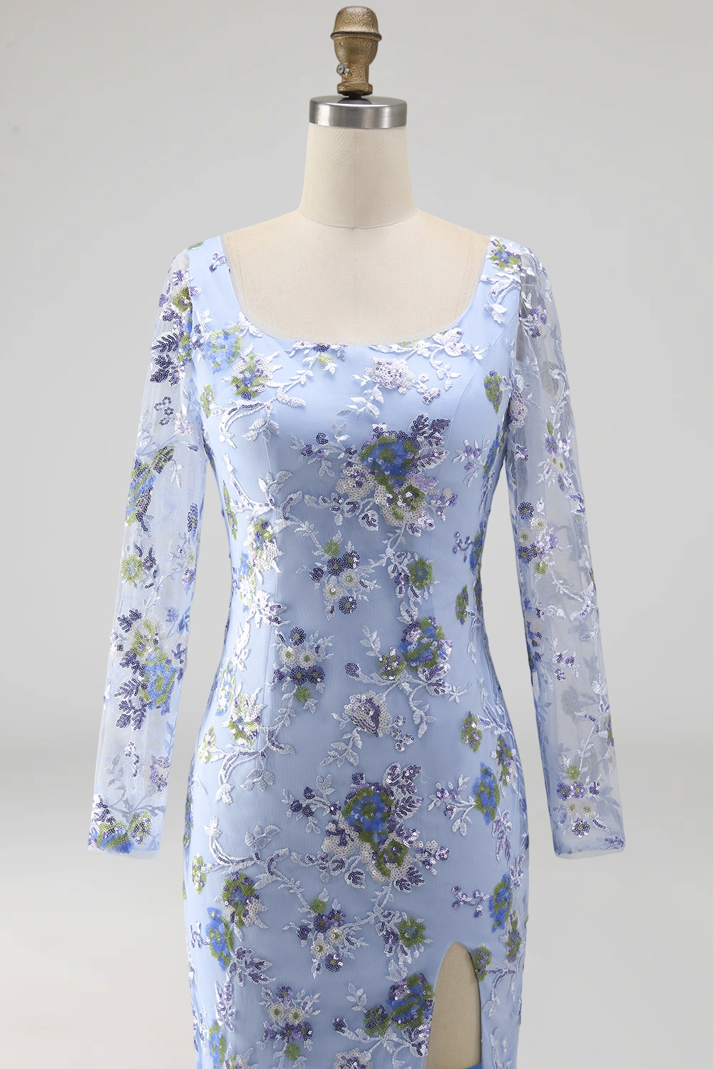 Mermaid Scoop Neck Blue Floral Long Sleeves Mother of the Bride Dress with Slit