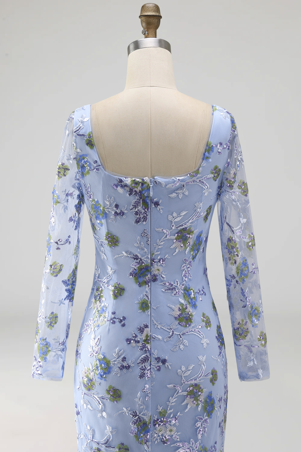 Mermaid Scoop Neck Blue Floral Long Sleeves Mother of the Bride Dress with Slit