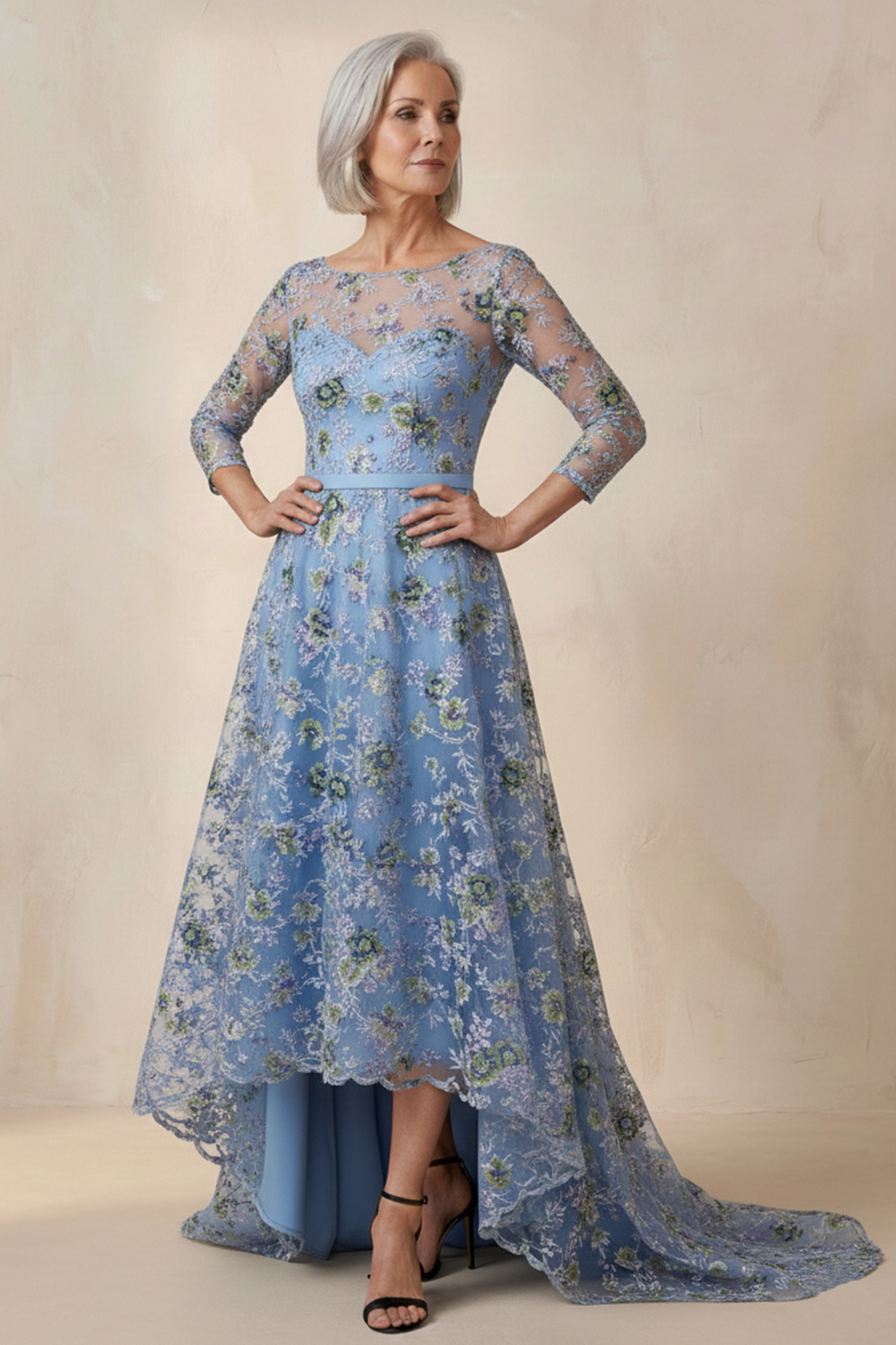 A Line Boat Neck Blue Floral 3/4 Sleeves High-Low Mother of the Bride Dress
