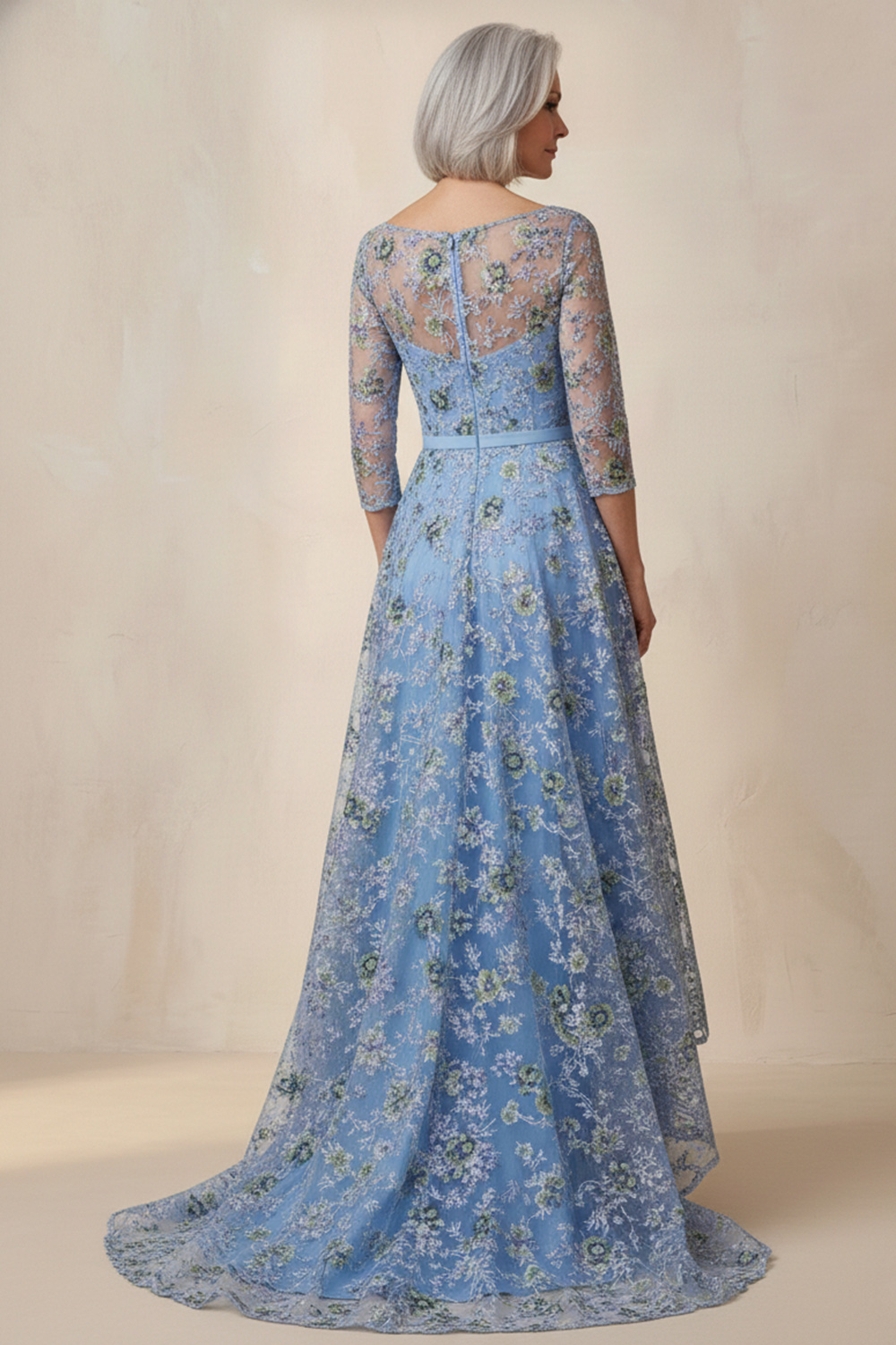 A Line Boat Neck Blue Floral 3/4 Sleeves High-Low Mother of the Bride Dress