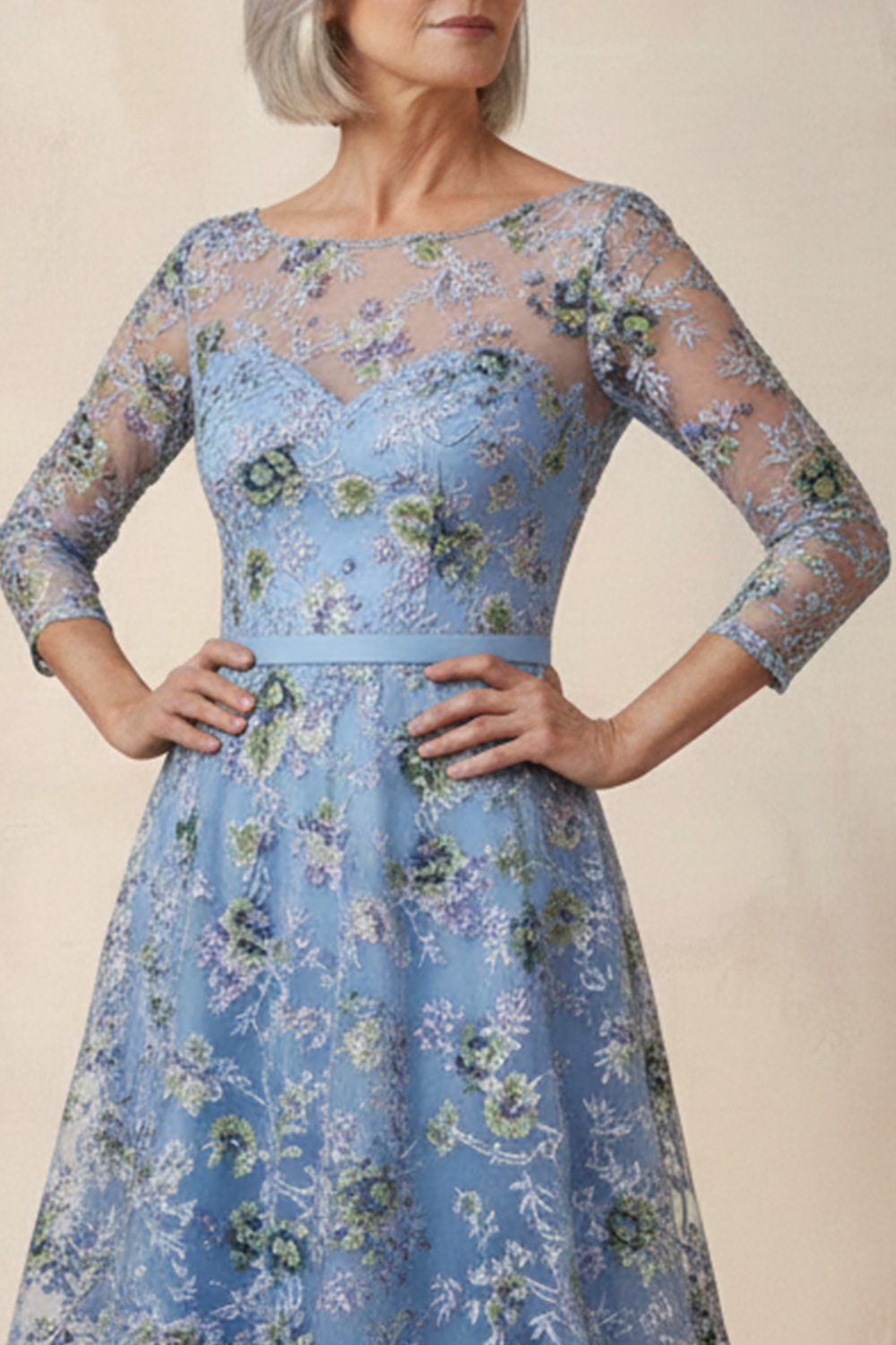 A Line Boat Neck Blue Floral 3/4 Sleeves High-Low Mother of the Bride Dress