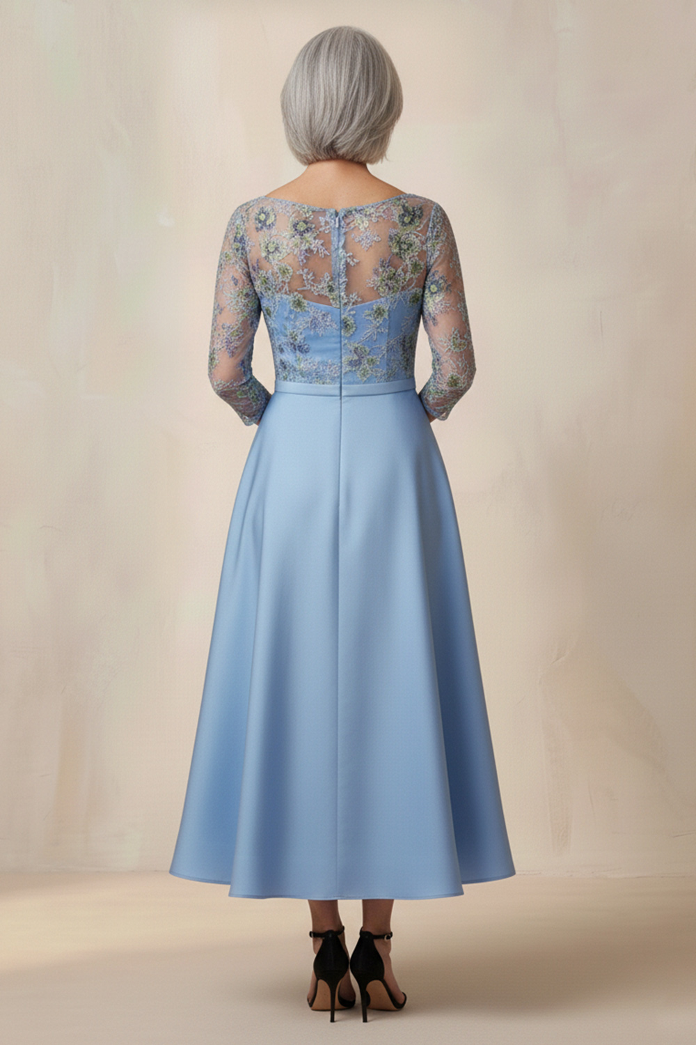 Blue Floral Satin Boat Neck A Line 3/4 Sleeves Ankle-Length Mother of the Bride Dress