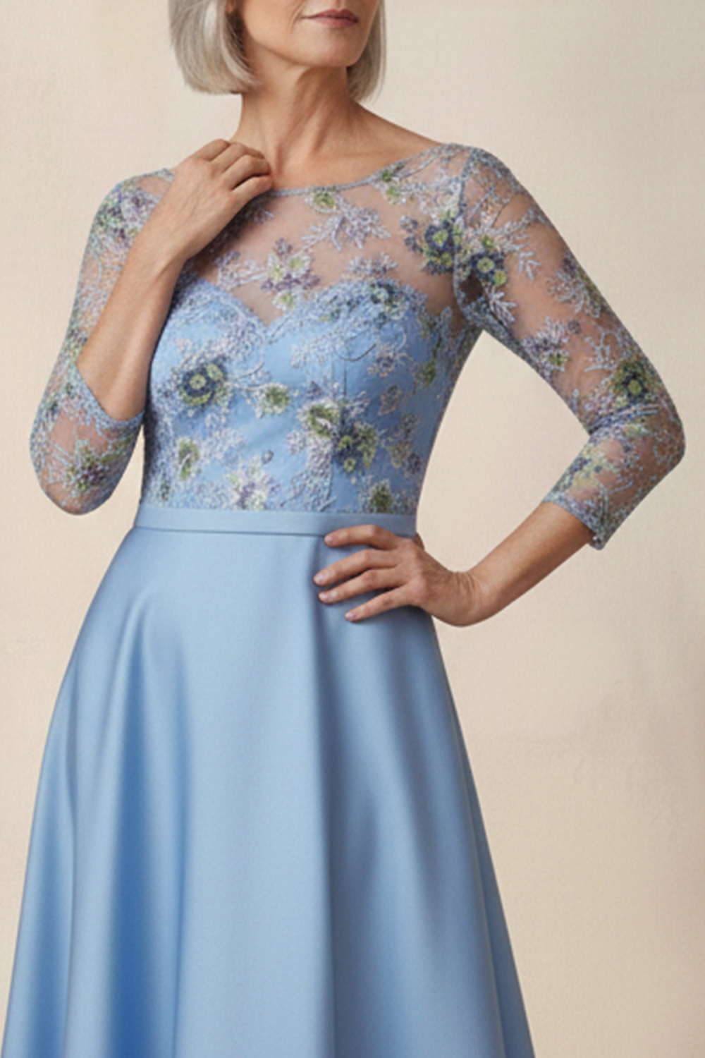Blue Floral Satin Boat Neck A Line 3/4 Sleeves Ankle-Length Mother of the Bride Dress