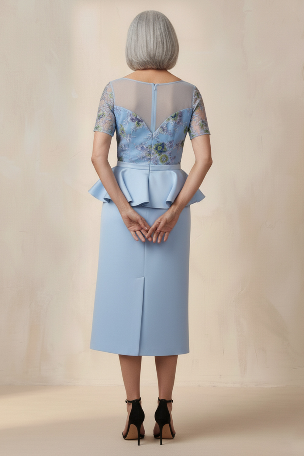 Blue Floral Satin Boat Neck Short Sleeves Tea-Length Mother of the Bride Dress with Ruffles