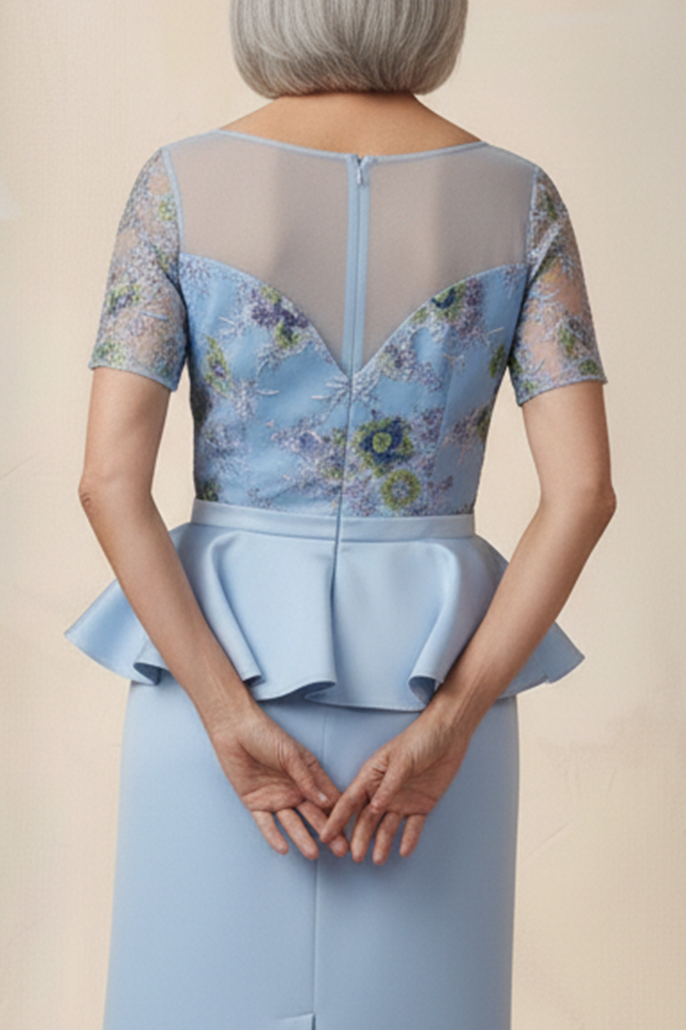 Blue Floral Satin Boat Neck Short Sleeves Tea-Length Mother of the Bride Dress with Ruffles