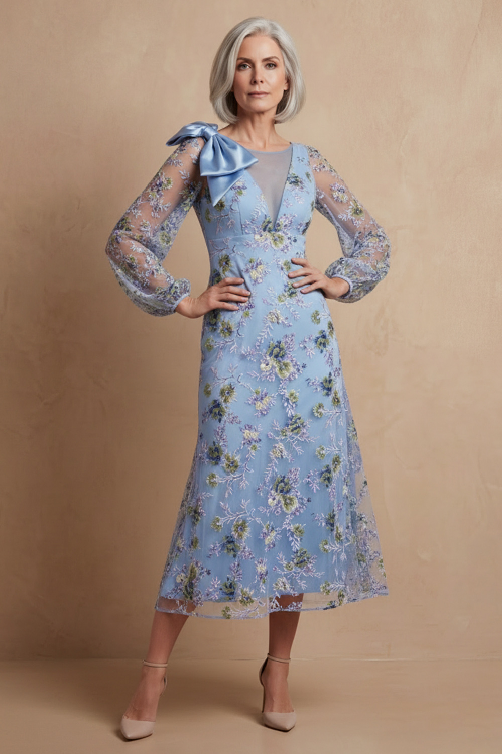 A Line Boat Neck Blue Floral Puff Sleeves Long Mother of the Bride Dress with Bow