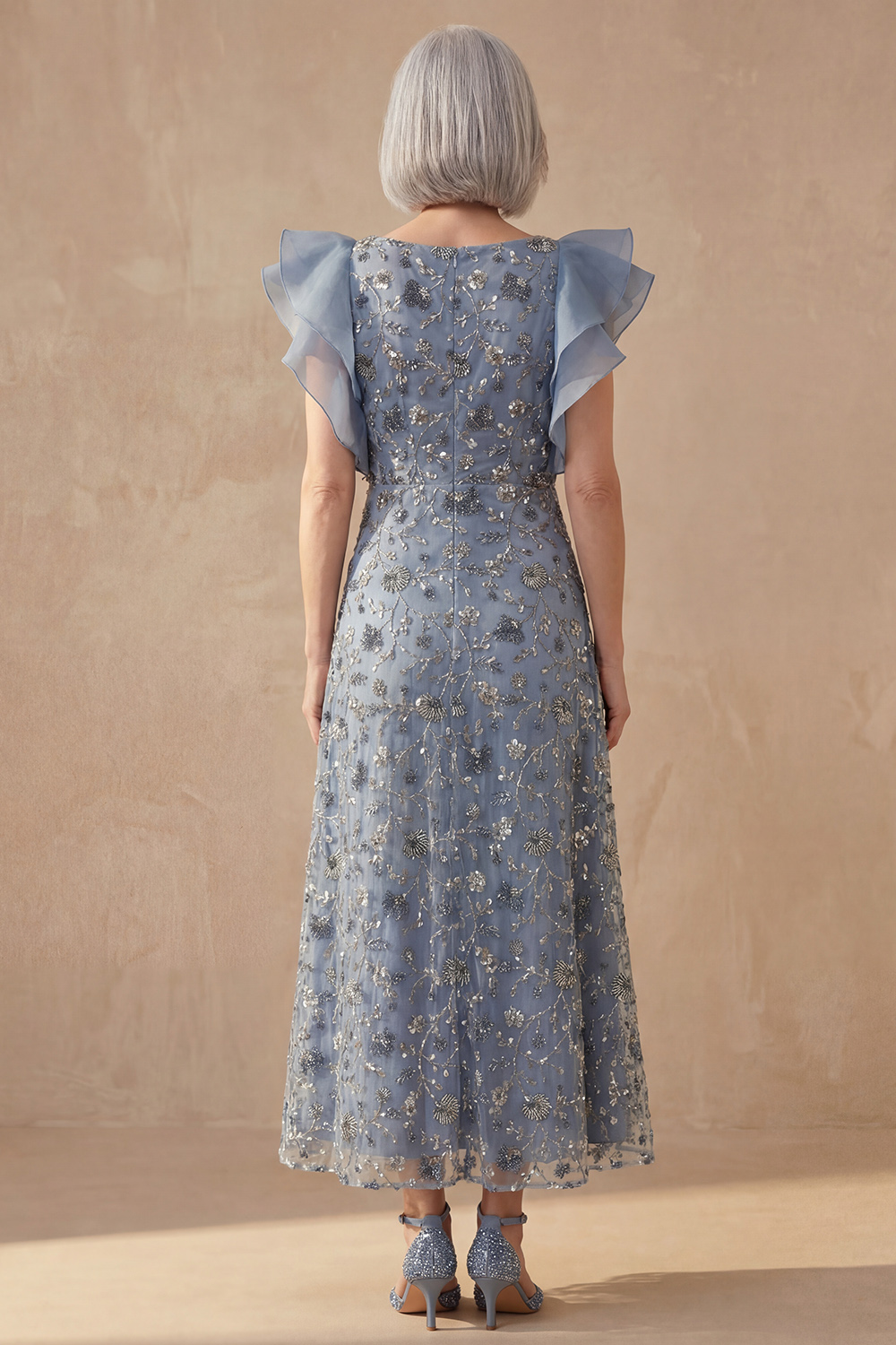 Sparkly Beaded Twilight Floral A Line Ankle-Length Mother of the Bride Dress with Ruffles 